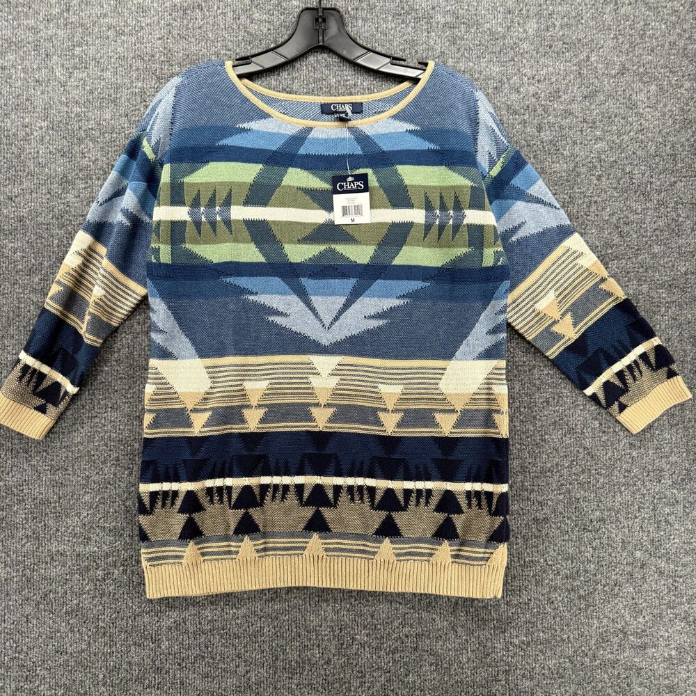 Chaps Sweater Womens M‎ Blue Pullover Round Neck Aztec Tribal Western Outdoor